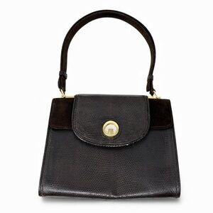 Gucci Vintage 1970s Blondie Logo Lizard & Suede Top Handle Bag Chocolate Brown